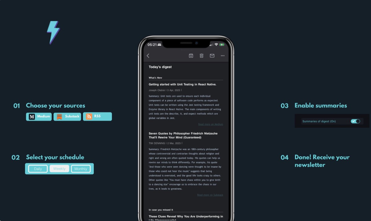 Synthesis in 2023: choose your sources, select your schedule, enable summaries, receive your newsletter